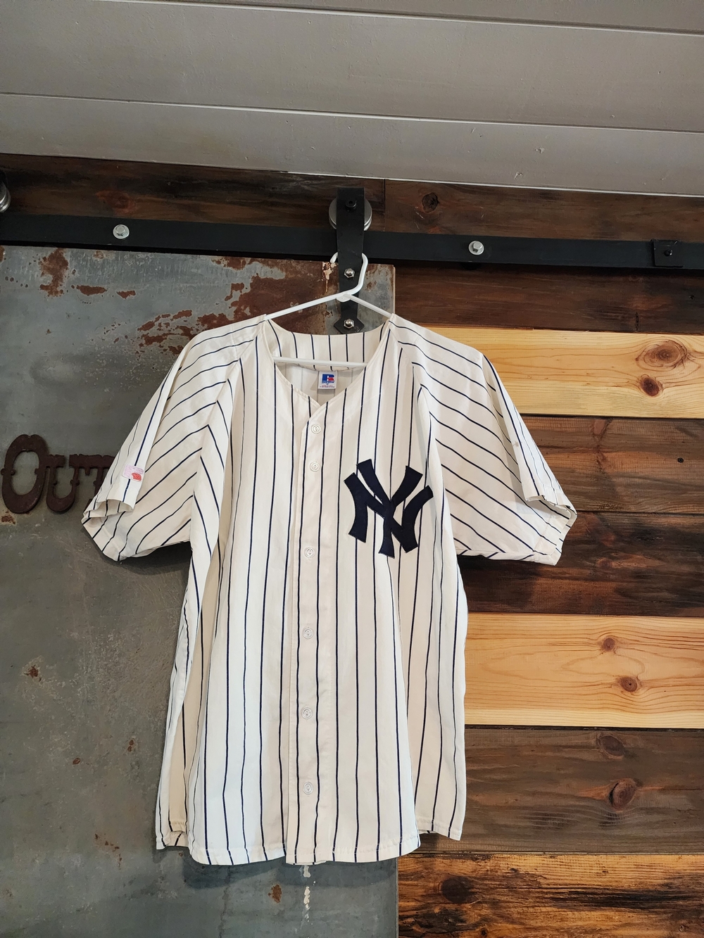 Vintage 90's Russell Athletic NY Yankees White and Navy Pinstripe Jersey